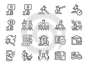 Auction line icon set. Included icons as hammer, price, bidding, judge, auction hammer,Â painting, deal and more.